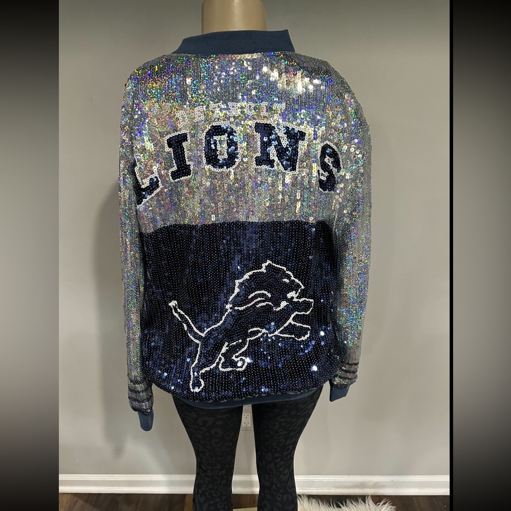 Detroit Lions jacket size large women blue glitter sequin new